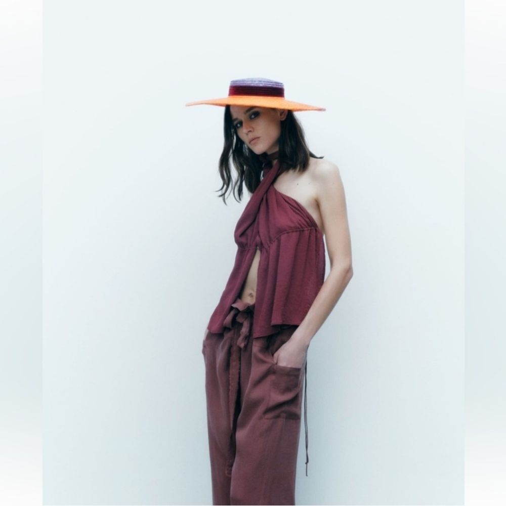 🆕️👒Zara Orange & Purple Raffia Picture Hat With Velvet Band